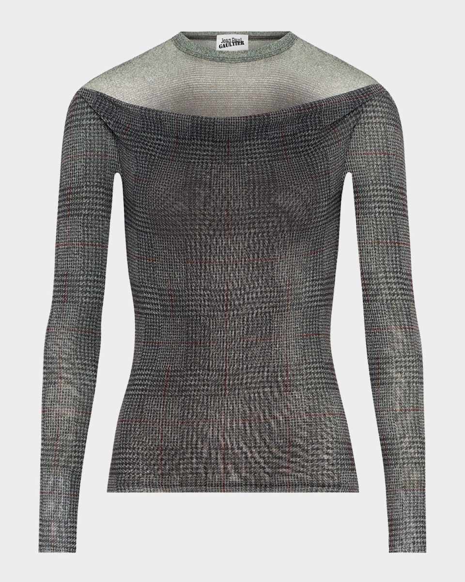 Check Layered Mesh Long-Sleeve Top